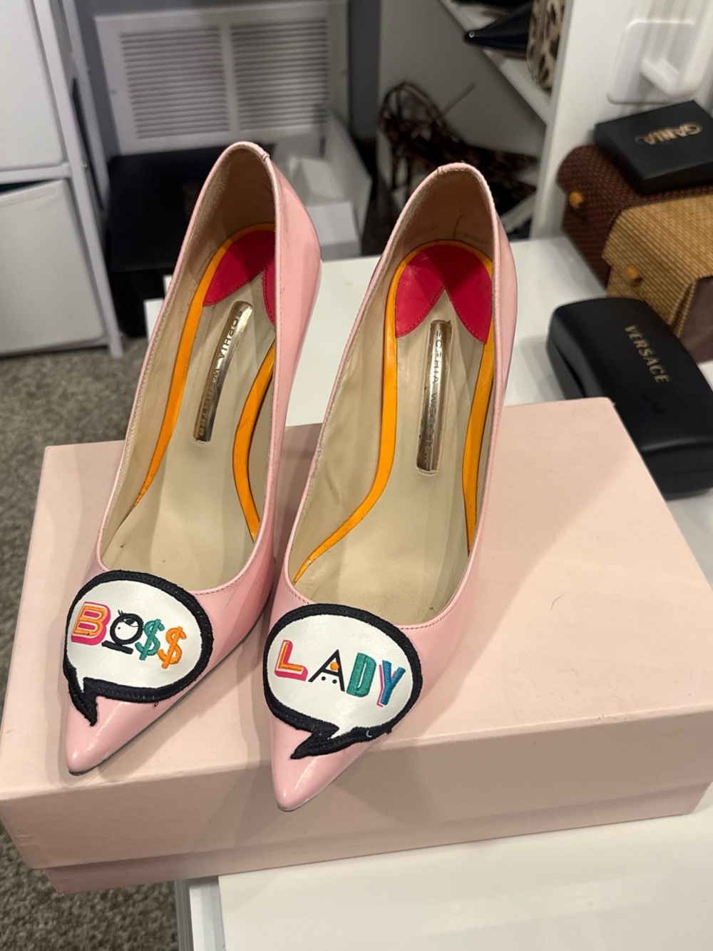 Sophia Webster Pink Patent Pointed-Toe 'Lady' Patch Pumps